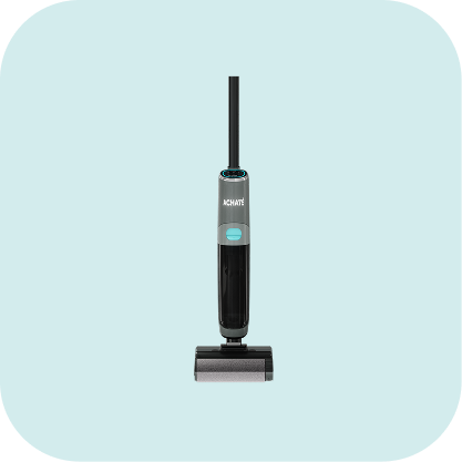 Upright cordless stick vacuum cleaner in black and gray with a turquoise accent on a light blue background, designed for multi-surface chemical-free cleaning.