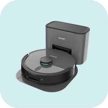 A sleek dark gray Achaté robotic vacuum cleaner with a docking and charging station on a light blue background.
