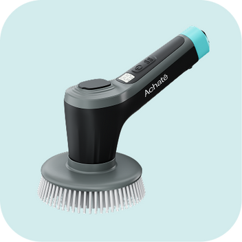 Cordless handheld steam cleaner with a round brush attachment, equipped with control buttons and digital display on the handle.