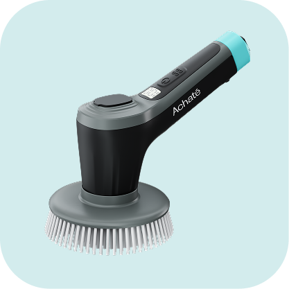 Cordless handheld steam cleaner with a round brush attachment, equipped with control buttons and digital display on the handle.