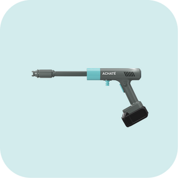 Side view of a cordless handheld steam cleaner with a sleek gray and blue design labeled "Achaté" on a light blue background.