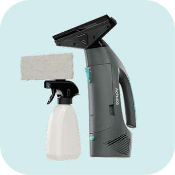 Cordless handheld steam cleaner with ergonomic handle, spray bottle with trigger, and microfiber cleaning pad on a light blue background.