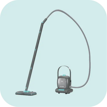Compact canister steam cleaner with a long flexible hose and a slim cleaning head, designed for chemical-free deep cleaning of multiple surfaces.