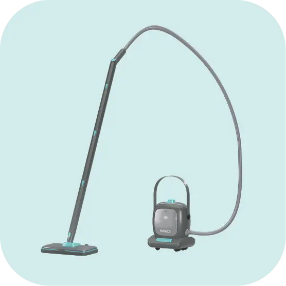 Compact canister steam cleaner with a long flexible hose and a slim cleaning head, designed for chemical-free deep cleaning of multiple surfaces.