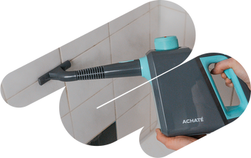 Handheld steam cleaner with a blue and gray design being used to clean tiled walls, demonstrating chemical-free deep cleaning and high steam pressure.