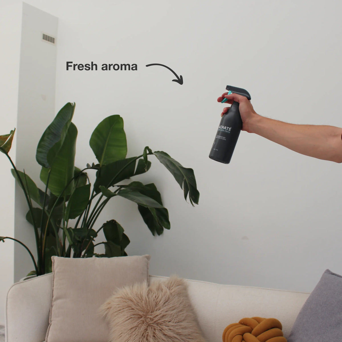 Hand spraying a black bottle near indoor green plants and a beige couch with pillows, indicating a fresh aroma in a clean living space.