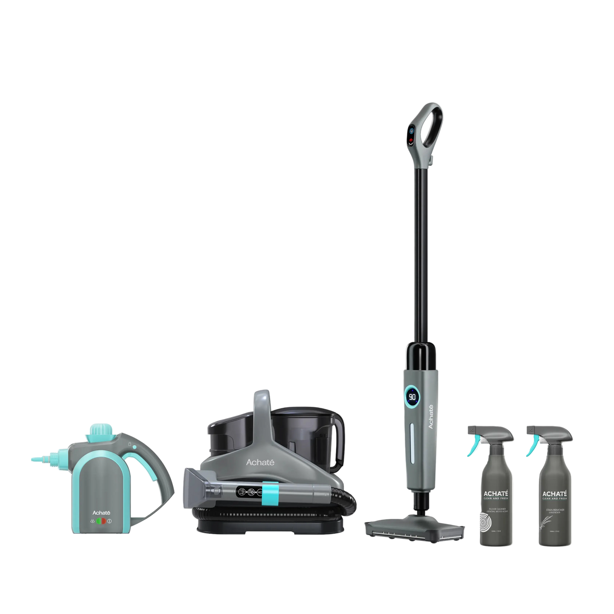 Set of professional-grade, chemical-free cleaning tools in grey and turquoise, including handheld steam cleaner, cordless stick vacuum, pet hair remover, and spray bottles