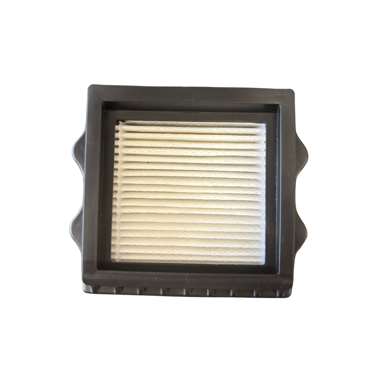 Square air filter with accordion-folded white filter material encased in a black plastic frame with protruding side grips for easy handling