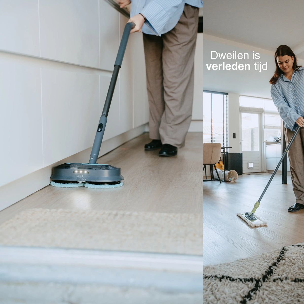Person using a cordless, black electric cleaning device with rotating pads on a light wood floor next to a beige rug, demonstrating chemical-free cleaning benefits.