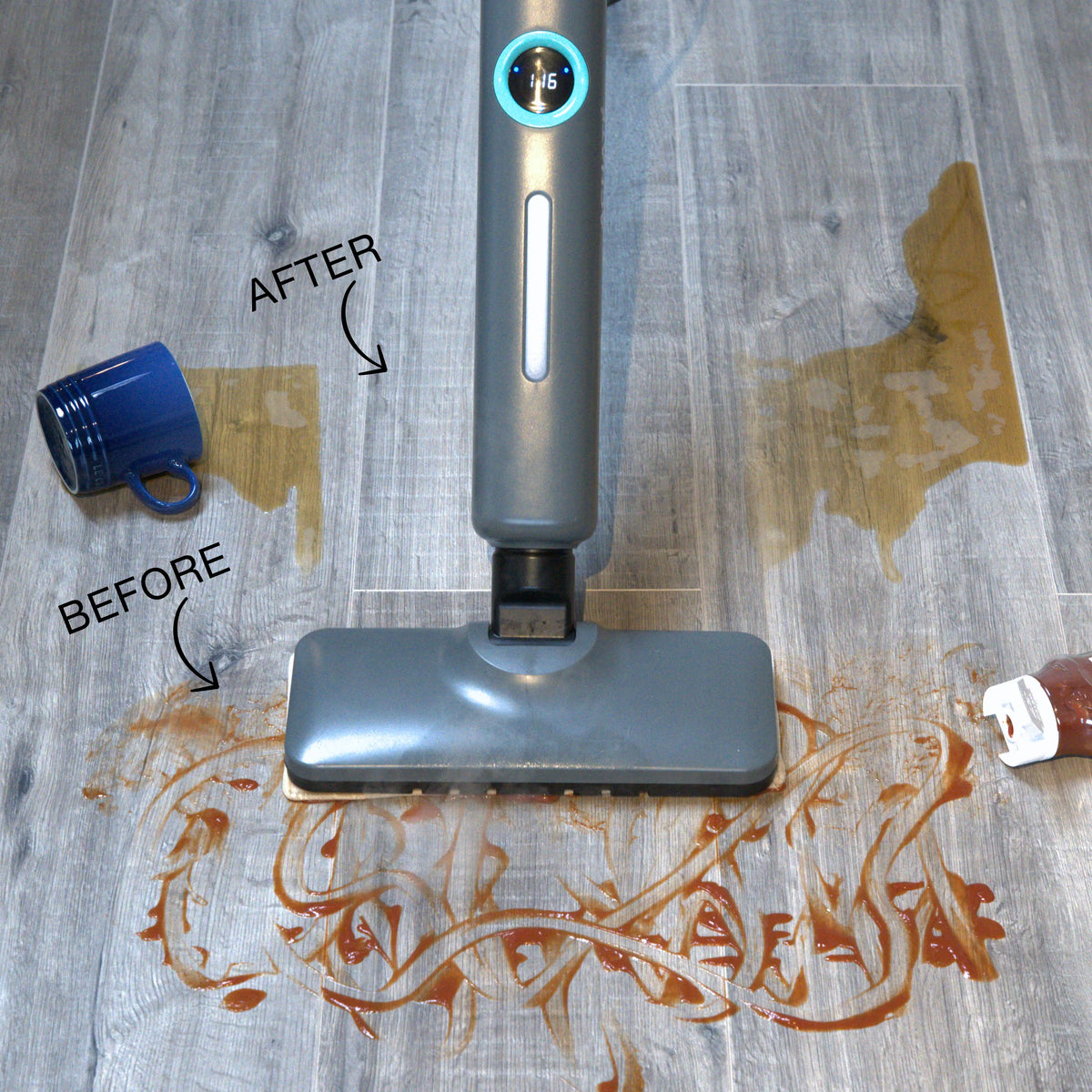 Handheld steam cleaner removing spilled liquid and stains from a grey wooden floor, showing before and after cleaning effects.