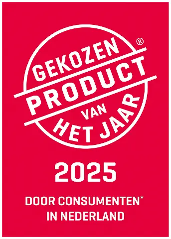 Red badge with white text in Dutch stating "Chosen Product of the Year 2025 by consumers in the Netherlands" in a circular and rectangular layout.