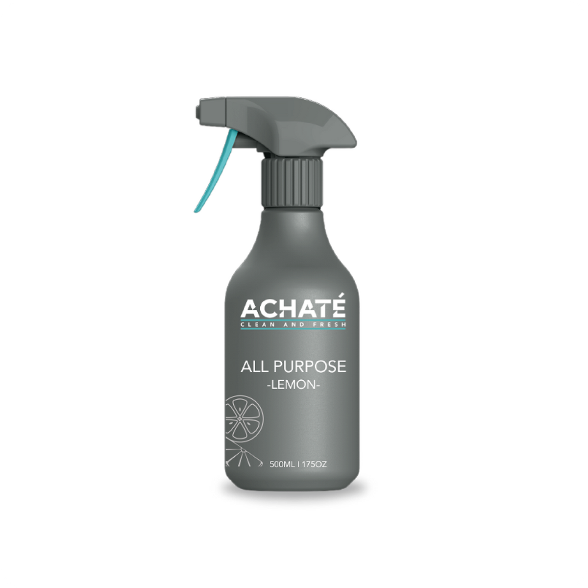 Gray spray bottle labeled Achaté All Purpose Lemon cleaner with a simple lemon graphic and a blue trigger on the nozzle.