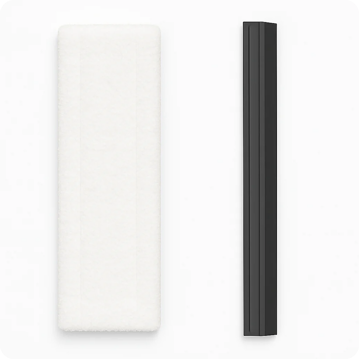 Top-down view of a white rectangular cleaning pad alongside a slim, black elongated tool, both on a white background.