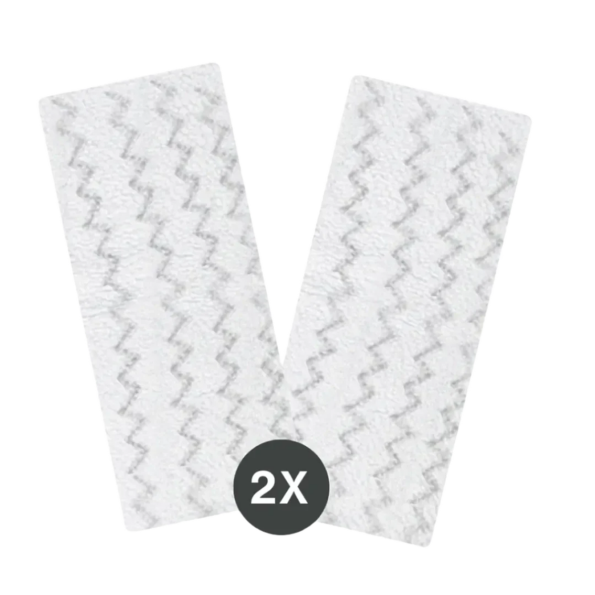 Two white rectangular cleaning pads with a zigzag pattern, displayed side by side on a plain white background with a circular label indicating quantity of two.