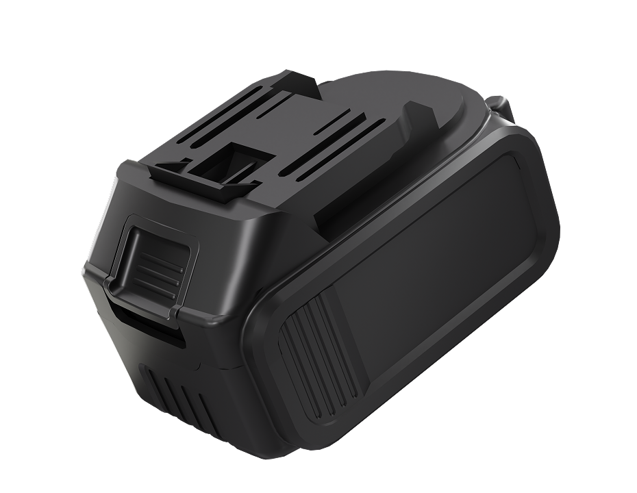 Black rechargeable cordless vacuum cleaner battery pack with ergonomic grooves and connector slots on a black background.