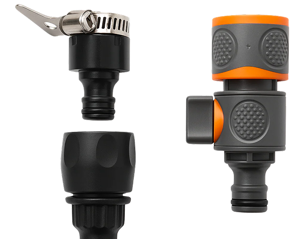 Close-up of two grey and orange garden hose connectors with textured grips and a metal clamp on a black background, designed for multi-surface water flow control.