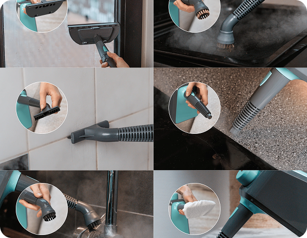 Collage of handheld steam cleaner attachments being used on glass, stovetop, tile grout, countertop, faucet, and fabric surfaces demonstrating chemical-free deep cleaning.
