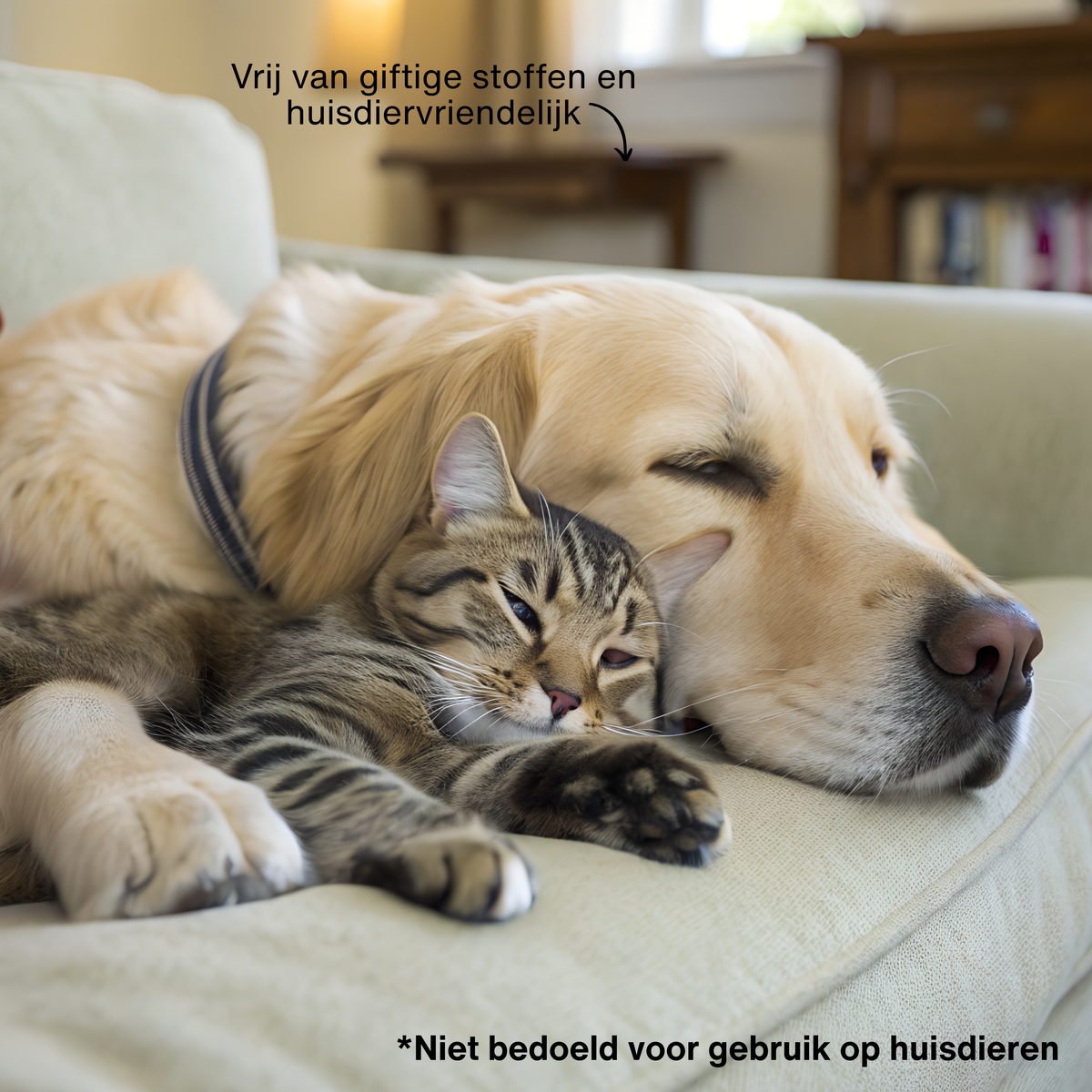Golden retriever dog and tabby cat resting together on a light-colored sofa in a cozy home setting.