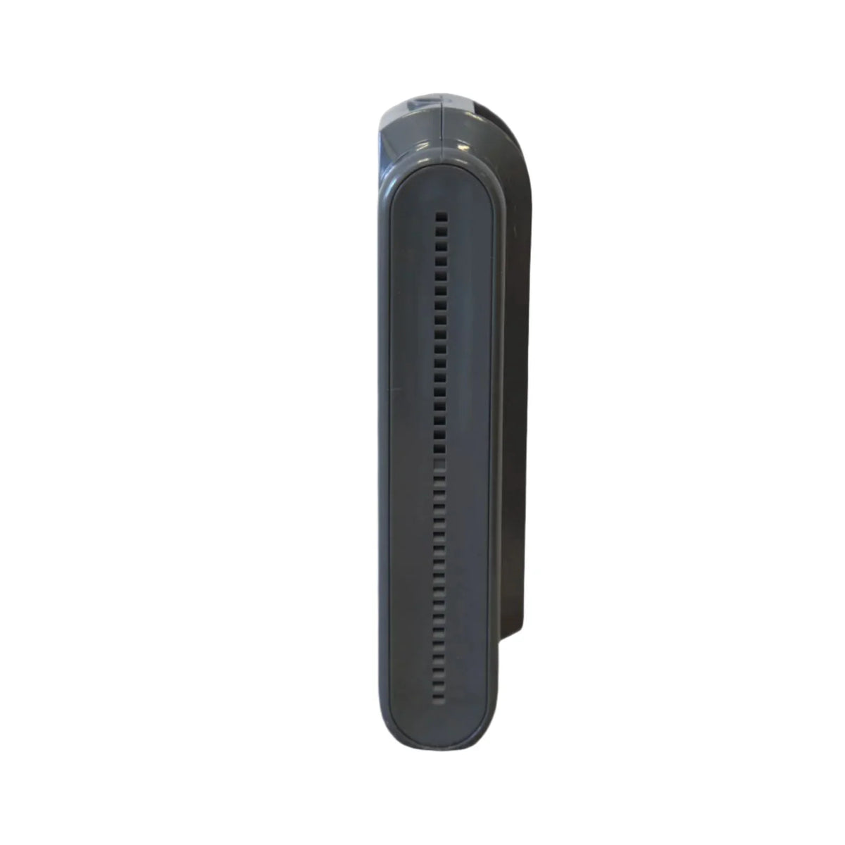 Close-up front view of a sleek black handheld steam cleaner with vented steam outlet for chemical-free cleaning and high steam pressure.