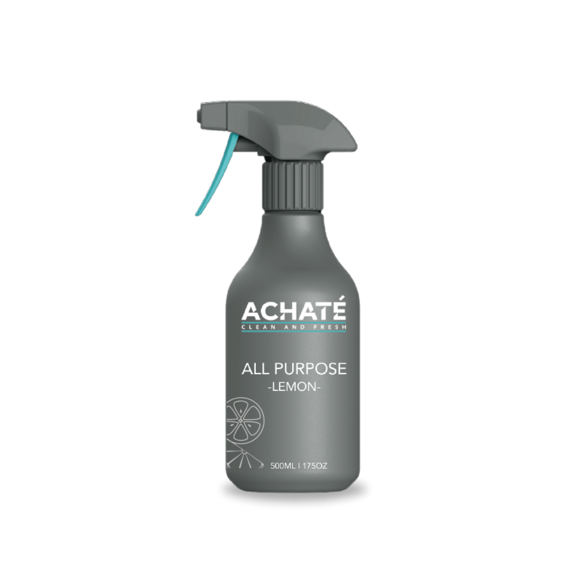 Gray spray bottle labeled Achaté All Purpose Lemon cleaner with a trigger nozzle and a simple lemon graphic on the front.