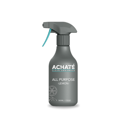 Gray spray bottle labeled Achaté All Purpose Lemon cleaner with a trigger nozzle and a simple lemon graphic on the front.