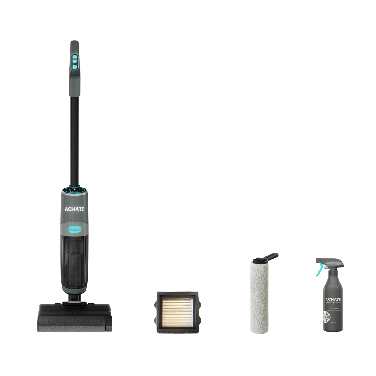 Cordless stick vacuum cleaner with a transparent dust container, filter, cleaning brush roller, and spray bottle for chemical-free cleaning.