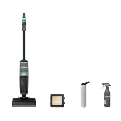 Cordless stick vacuum cleaner with a transparent dust container, filter, cleaning brush roller, and spray bottle for chemical-free cleaning.