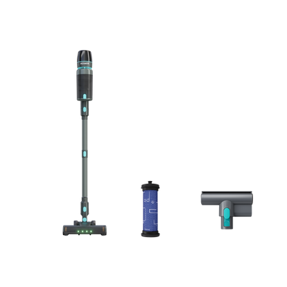 Cordless stick vacuum cleaner with detachable filter and a motorized cleaning brush, designed for versatile and deep cleaning.