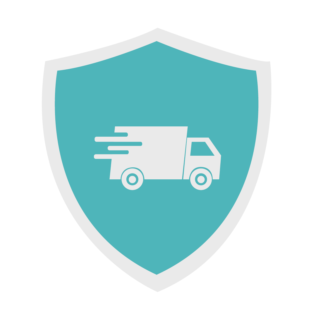Blue and white shield icon with a delivery truck symbol in motion, representing secure and reliable shipping or transport service.