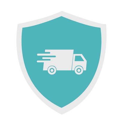 Blue and white shield icon with a delivery truck symbol in motion, representing secure and reliable shipping or transport service.