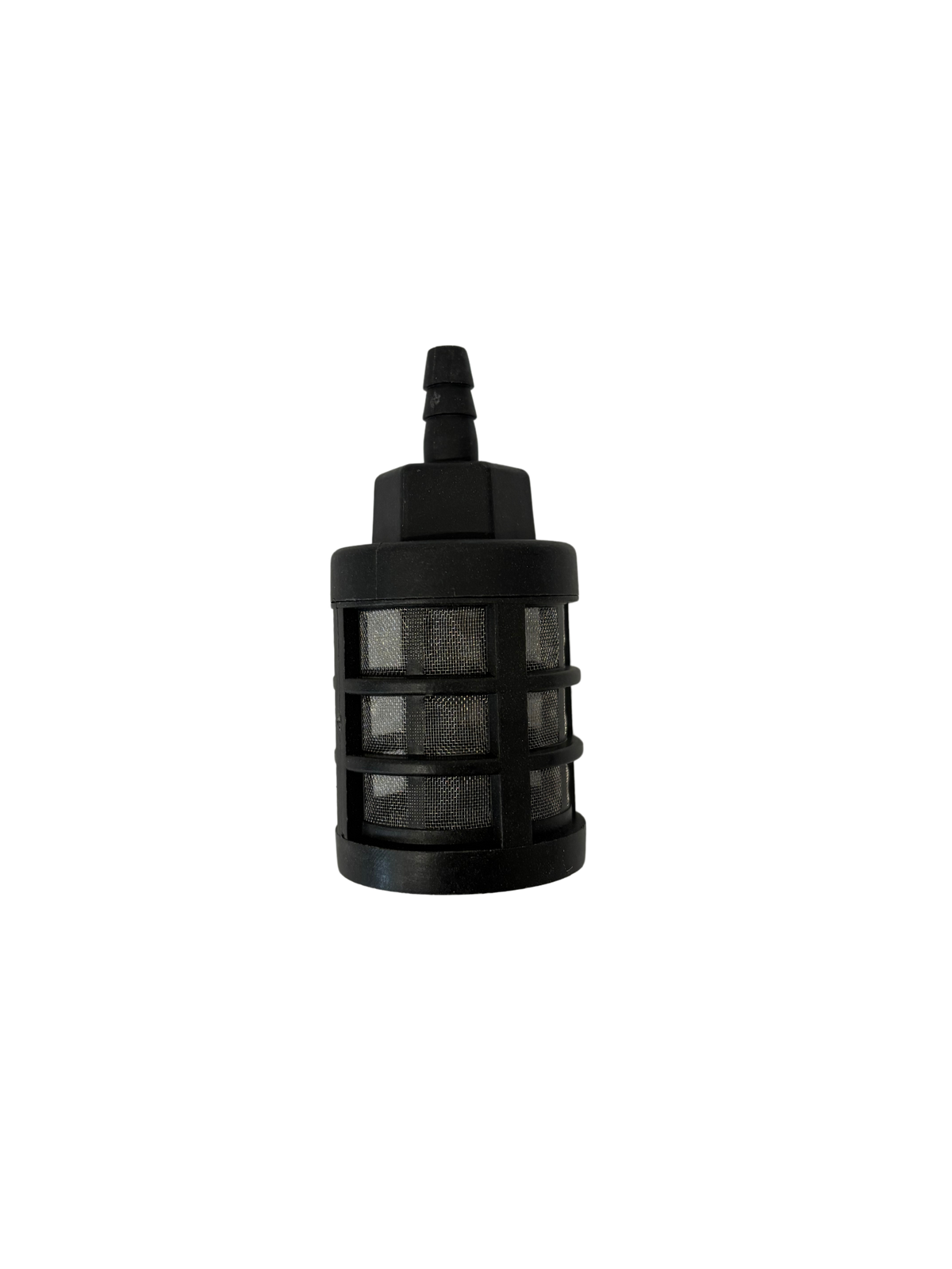 Black cylindrical mesh filter with a plastic frame and a barbed connector on top for attachment to cleaning equipment or vacuum systems.
