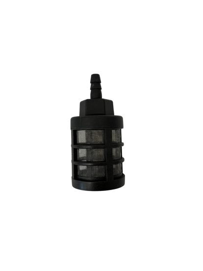 Black cylindrical mesh filter with a plastic frame and a barbed connector on top for attachment to cleaning equipment or vacuum systems.