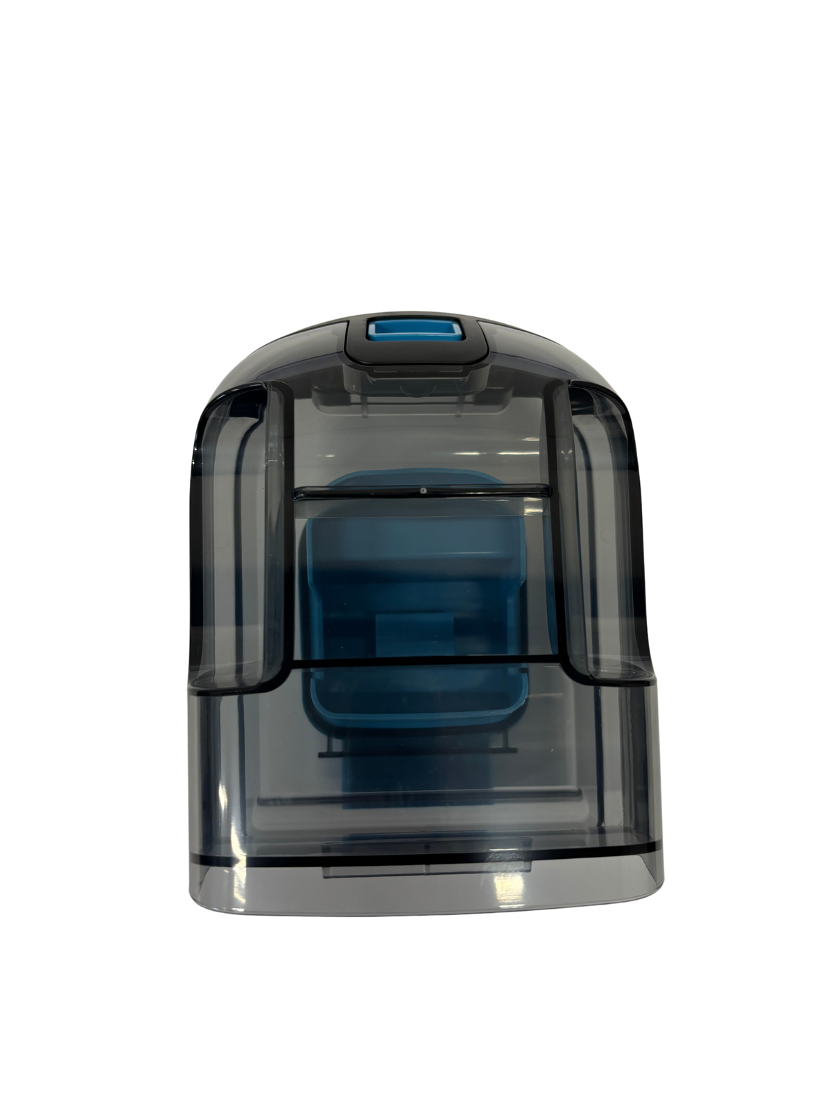 Transparent blue and black detachable water tank container designed for a steam cleaner or vacuum cleaner with a modern, compact shape.
