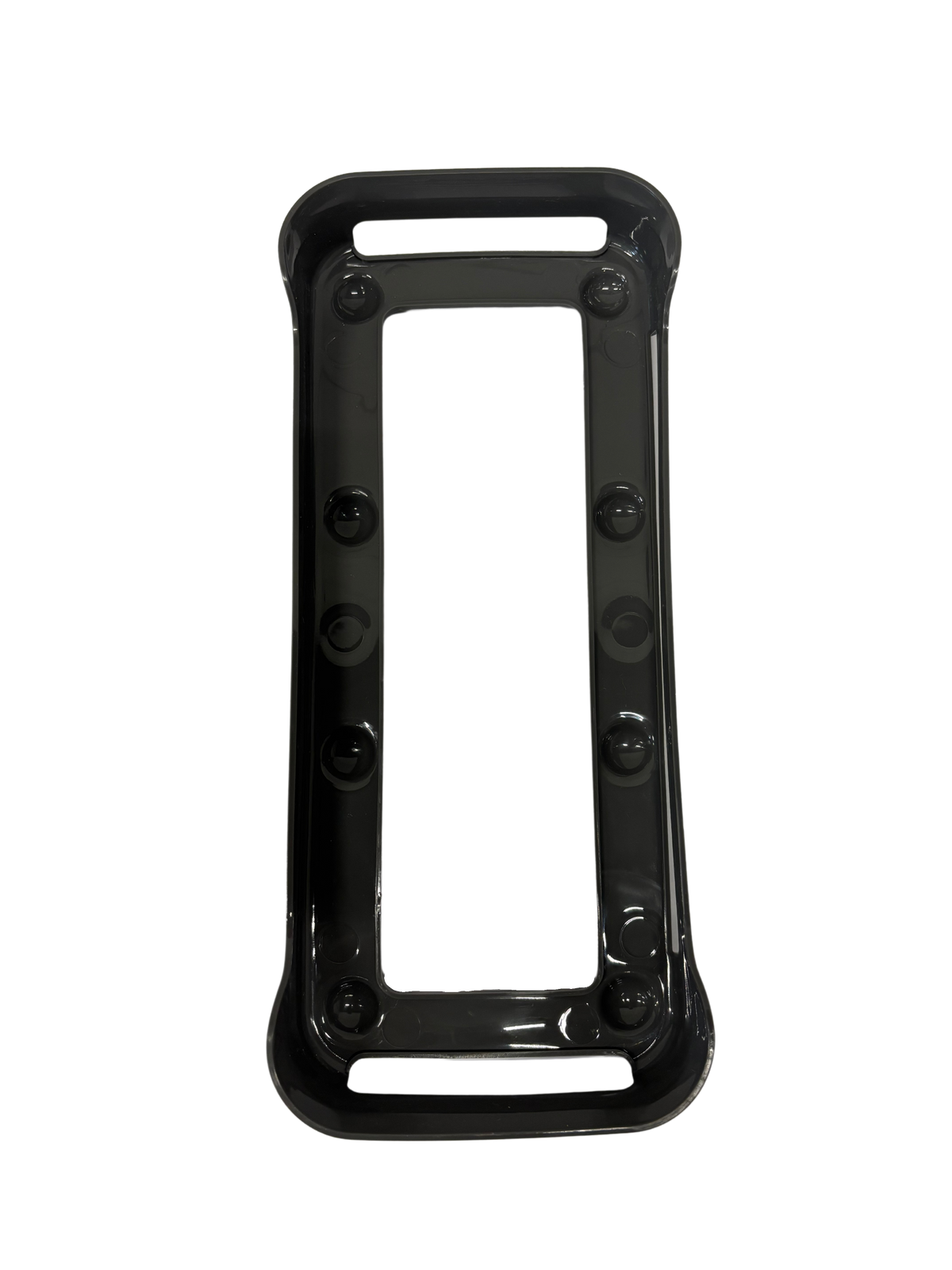 Black rectangular plastic frame with smooth rounded edges and six raised circular grips, likely a durable accessory component.