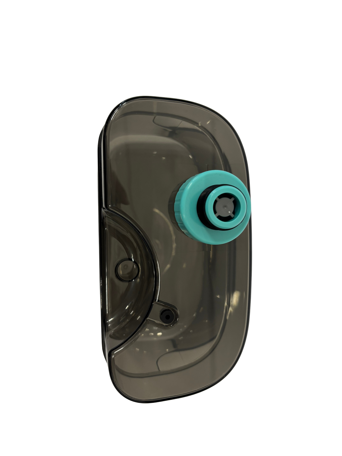 Transparent dark gray plastic container with a turquoise connector attachment, likely a component for a steam cleaner or vacuum cleaner accessory.