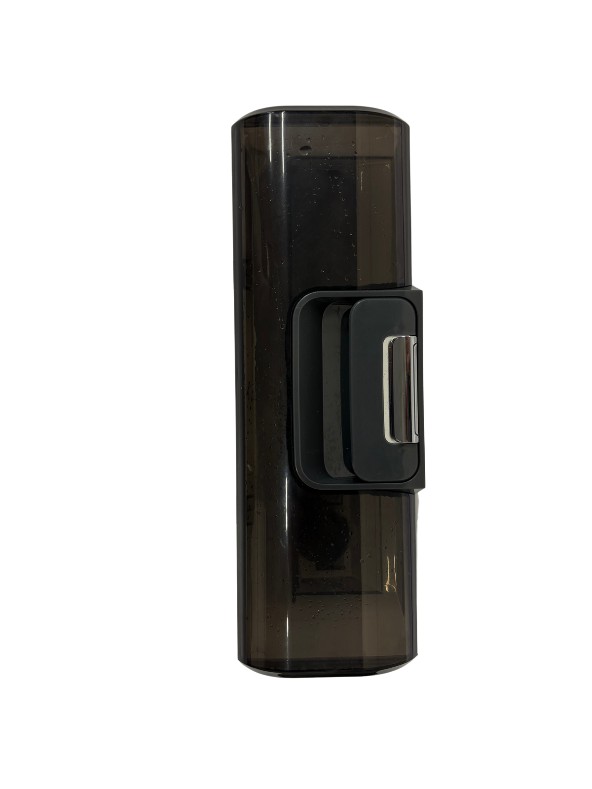 Transparent dark smoke-colored cylindrical container with a black latch and silver accent designed for holding dust or debris for a vacuum cleaner.