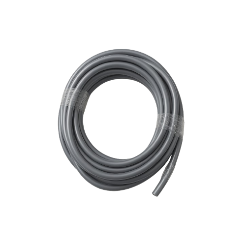 Coiled gray flexible hose secured with clear plastic wrap, suitable for use with cleaning equipment or steam cleaners.
