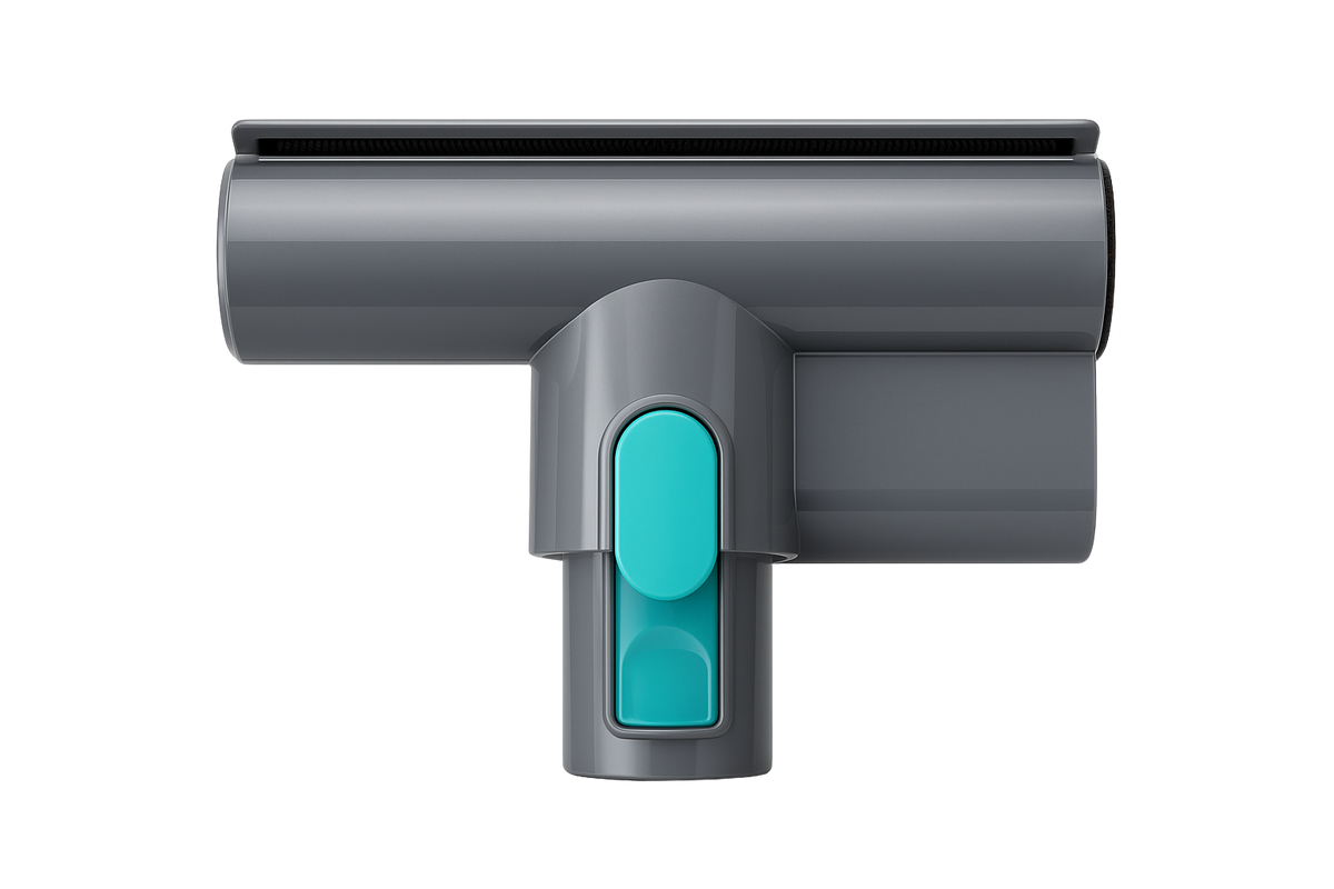Grey and teal window vacuum cleaner head attachment designed for chemical-free cleaning with a rubber blade for streak-free drying.