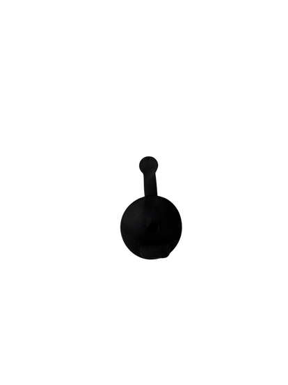 Black circular cleaning brush attachment with a short handle, designed for use with steam or vacuum cleaners.
