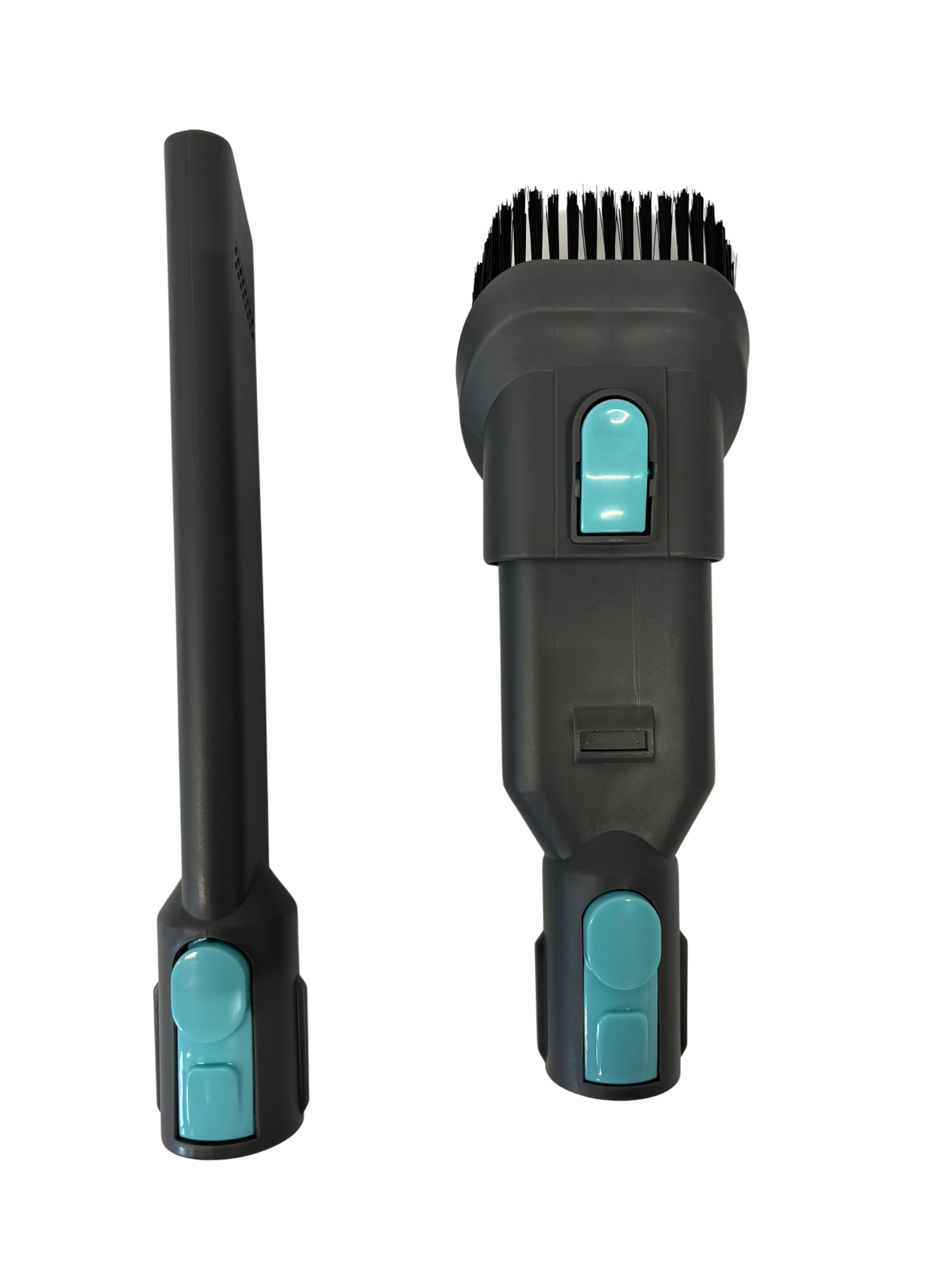 Black handheld steam cleaner brush attachment with teal locking buttons, shown from front and side views, designed for chemical-free cleaning.
