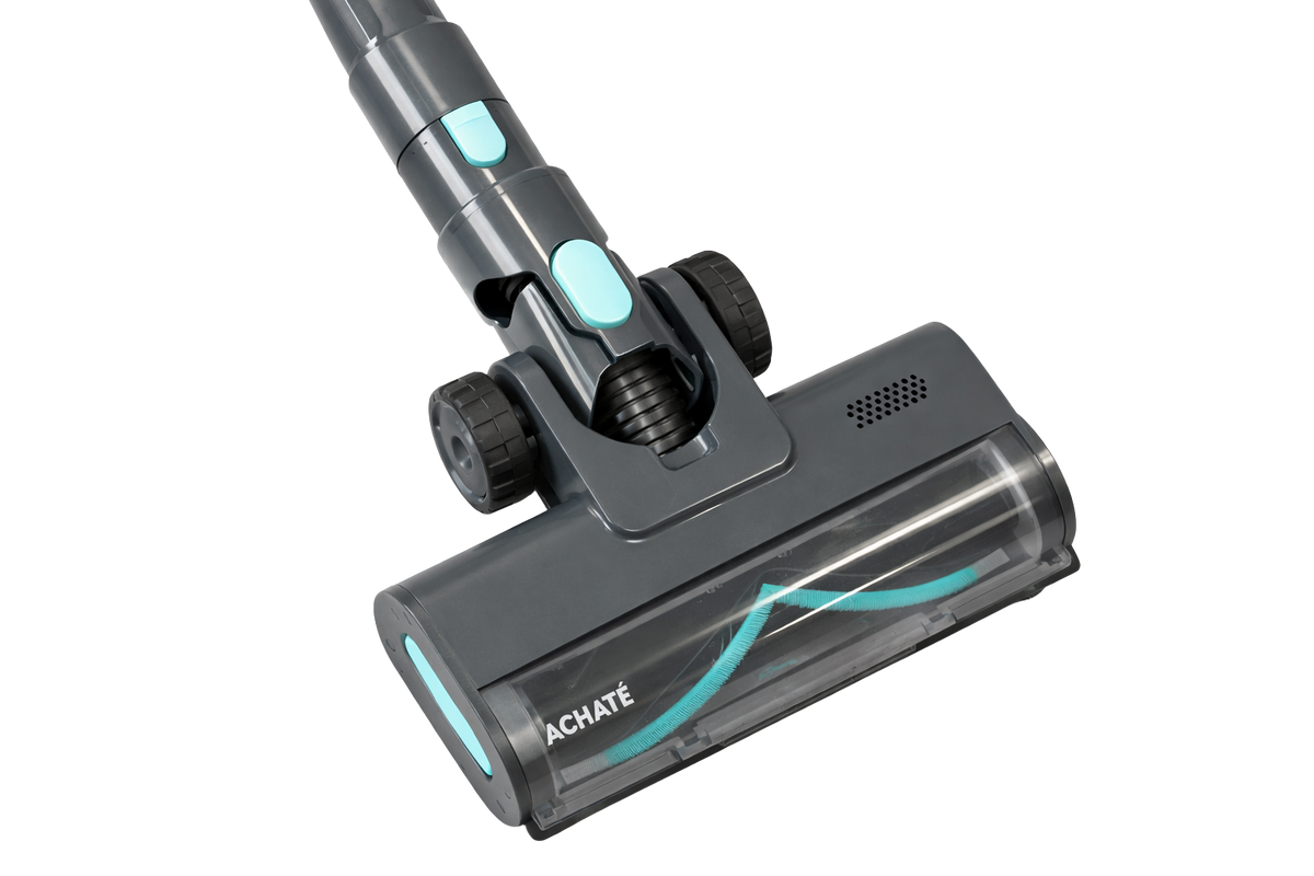 Close-up of a gray and blue cordless stick vacuum cleaner head with visible rotating brush and ACHATÉ branding, designed for multi-surface cleaning.