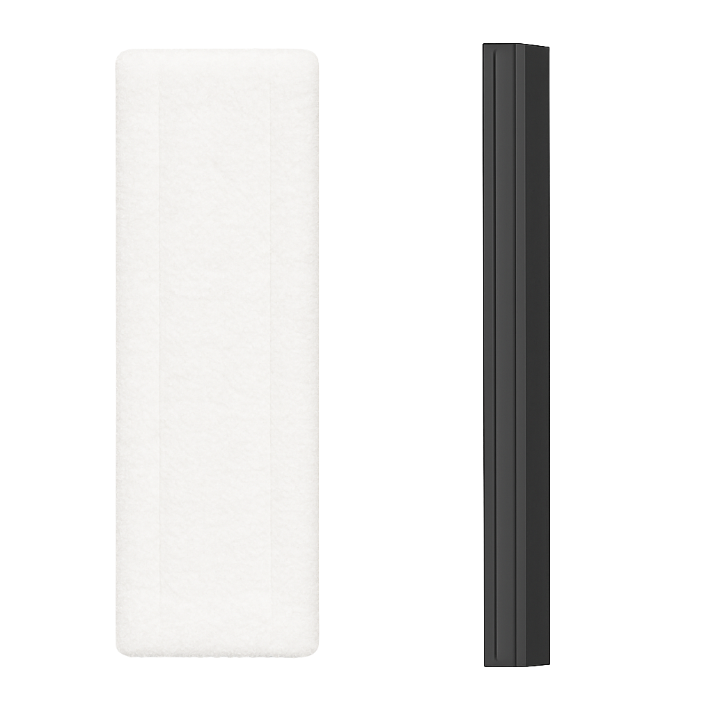 White rectangular cleaning pad alongside a slim black cleaning tool handle designed for steam or chemical-free cleaning applications