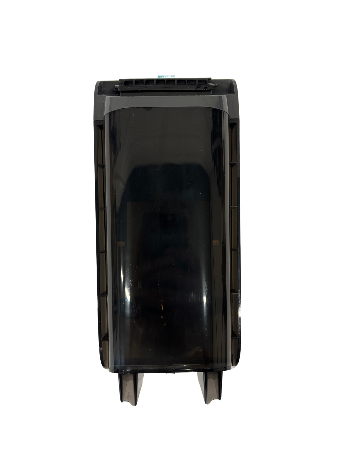 Black and gray detachable water tank or dust container component for a vacuum cleaner or steam cleaning device with a transparent front panel.
