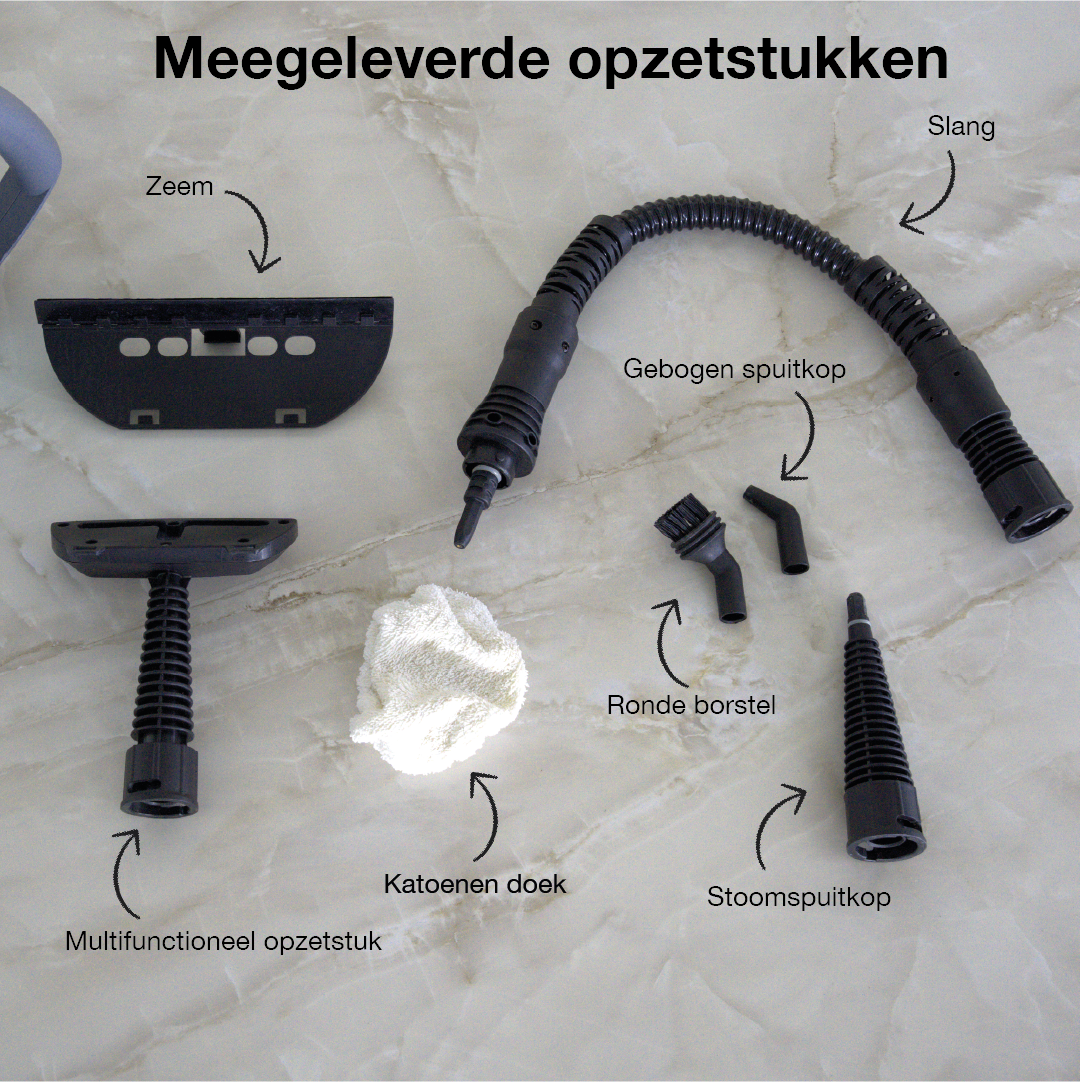 Set of black multifunctional cleaning attachments including a flexible hose, round brush, steam nozzle, curved spray tip, flat nozzle, and a white cotton cleaning cloth on a light surface.