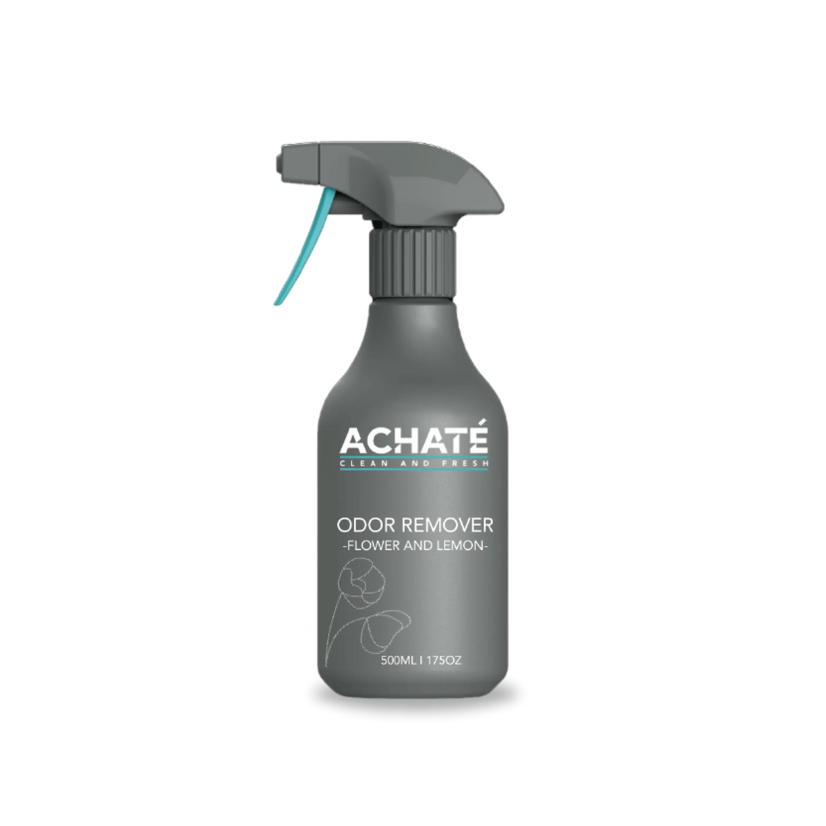 Gray spray bottle labeled Achaté odor remover with a floral and lemon scent, featuring a simple flower illustration.