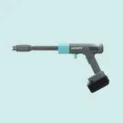 Side view of a cordless handheld steam cleaner with a compact design, featuring a black and gray body and a teaser nozzle at the front.