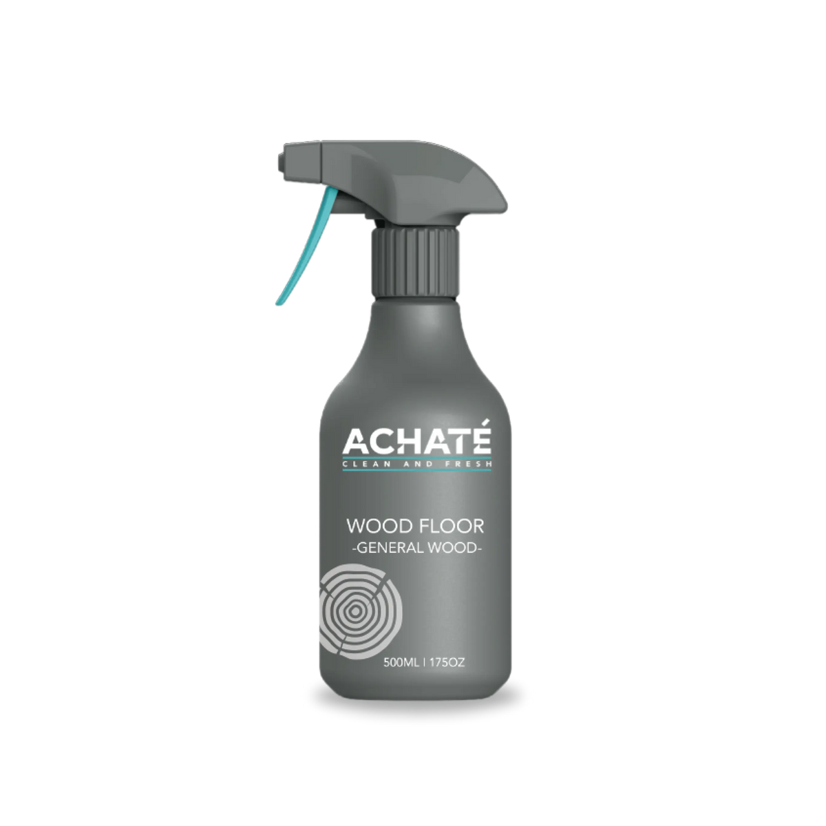 Gray spray bottle labeled for wood floor cleaning by Achaté, featuring a trigger nozzle and minimalist design with a wood grain graphic.
