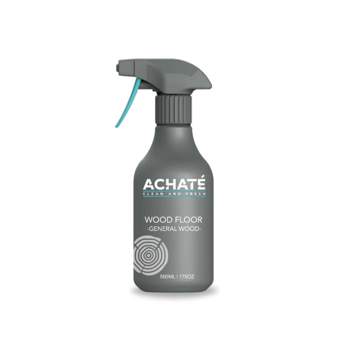 Gray spray bottle labeled Achaté Wood Floor cleaner with a trigger nozzle designed for chemical-free, professional-grade cleaning of wood surfaces
