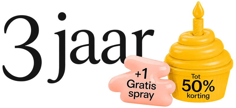 Achaté 3-year anniversary banner with a cupcake, a '+1 gratis spray' tag and 'Tot 50% korting'.
