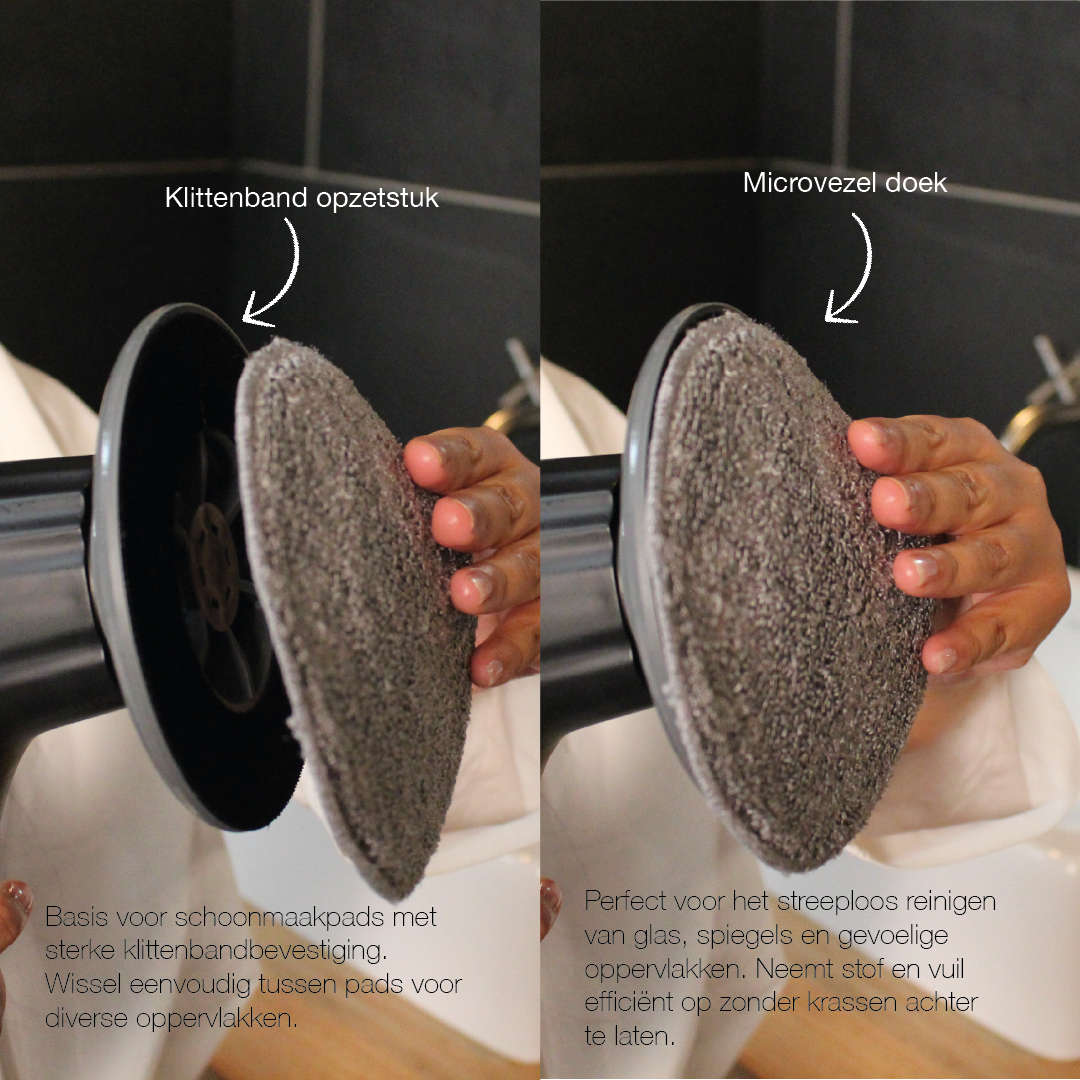 Hand attaching a round gray microfiber cleaning pad to a black circular base with strong hook-and-loop fastener for versatile cleaning on glass and delicate surfaces.